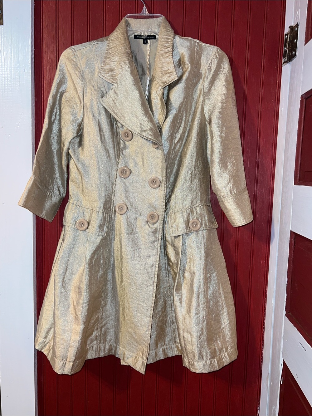 Vintage Tempo Paris Metallic Gold Double-Breasted Trench Coat Size Small